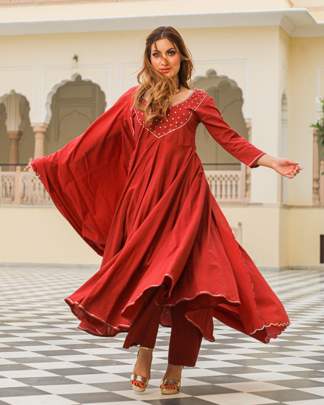 Women Maroon Anarkali Kurta with Pant & Dupatta by Baisacrafts (3pcs Set) - Indiakreations