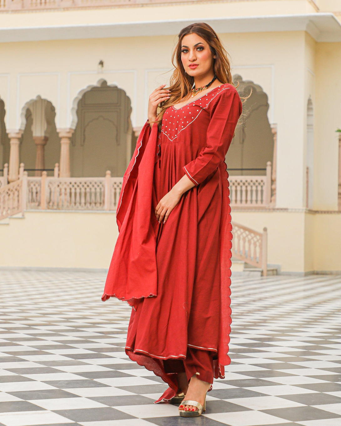 Women Maroon Anarkali Kurta with Pant & Dupatta by Baisacrafts (3pcs Set) - Indiakreations