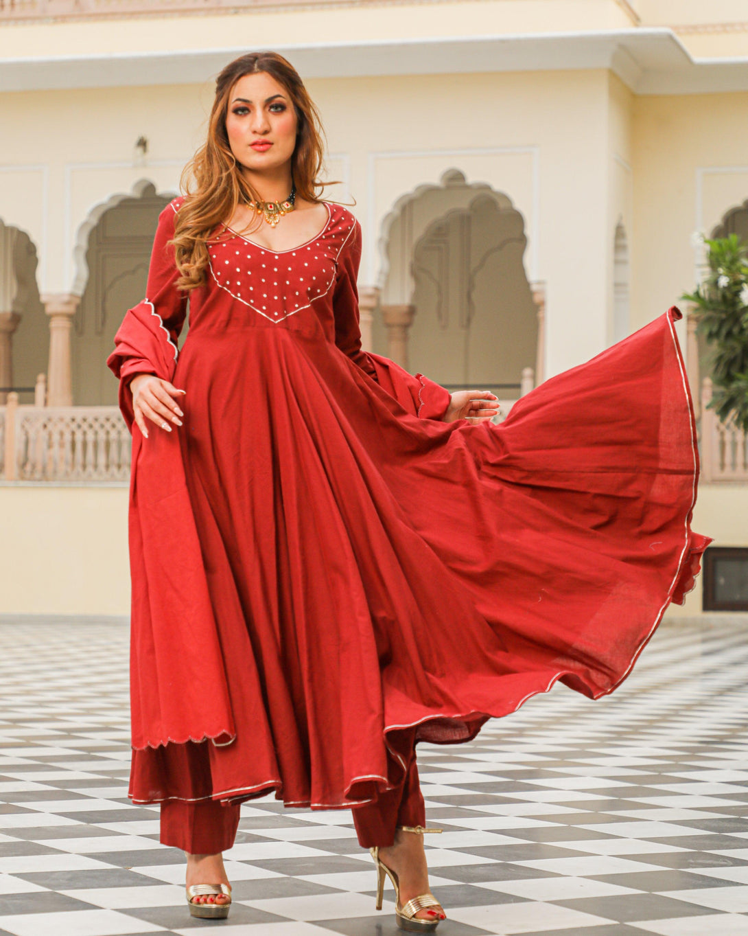 Women Maroon Anarkali Kurta with Pant & Dupatta by Baisacrafts (3pcs Set) - Indiakreations