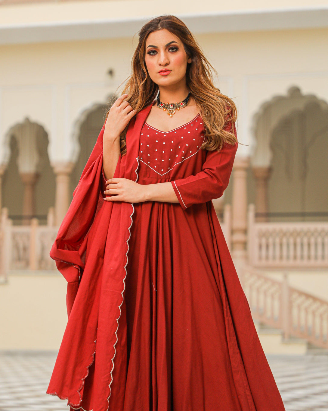 Women Maroon Anarkali Kurta with Pant & Dupatta by Baisacrafts (3pcs Set) - Indiakreations