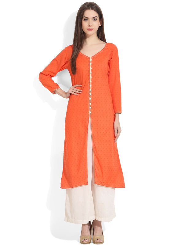 Women Orange Woven Design A-Line Kurta | NOZ2TOZ - Made In INDIA.