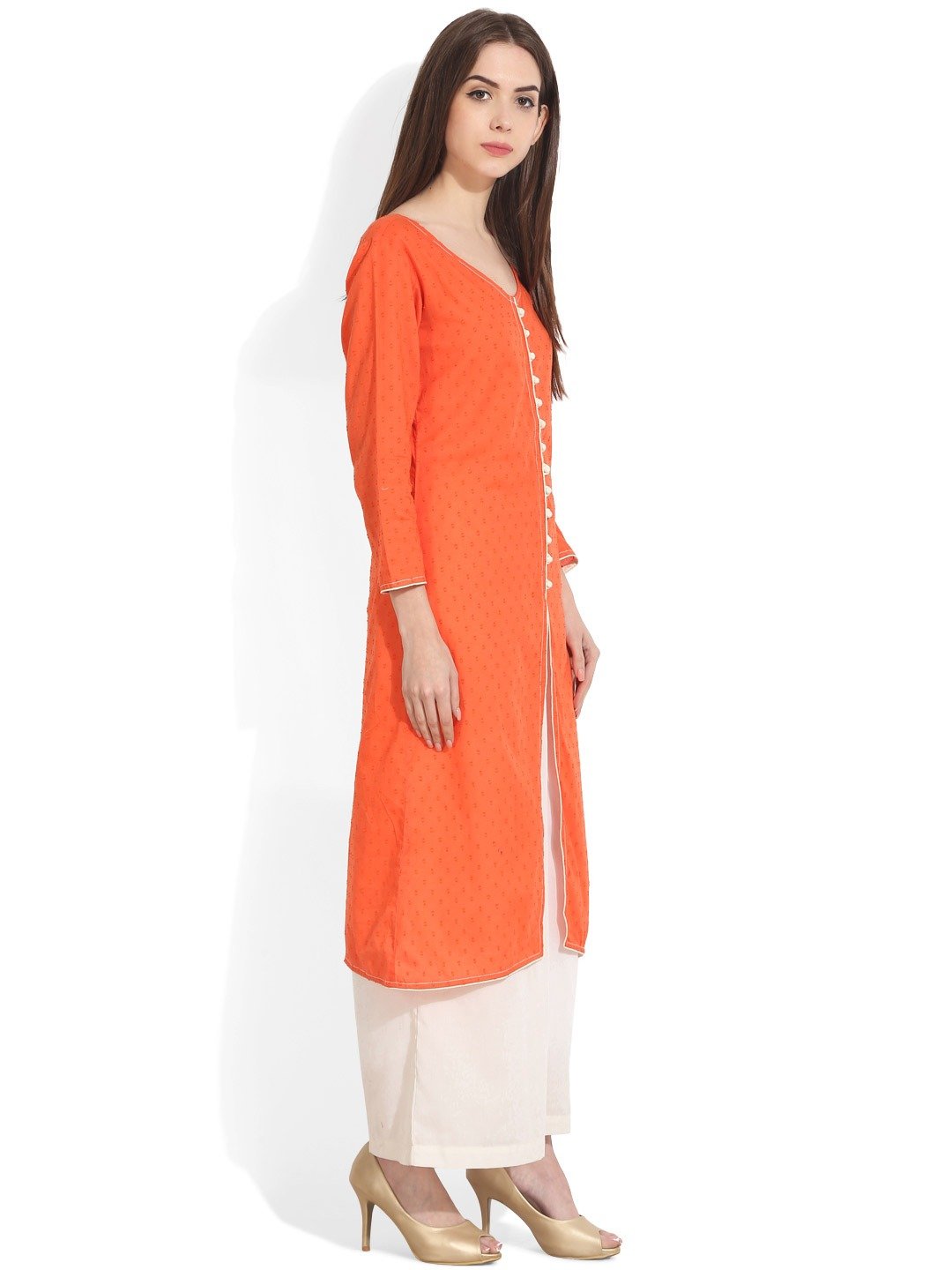 Women Orange Woven Design A-Line Kurta | NOZ2TOZ - Made In INDIA.