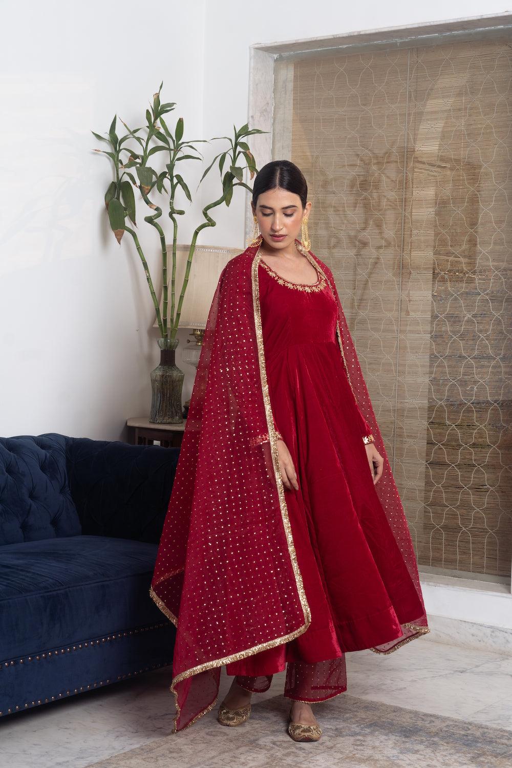 Khwabidah Maroon Anarkali Set of 3 - Indiakreations