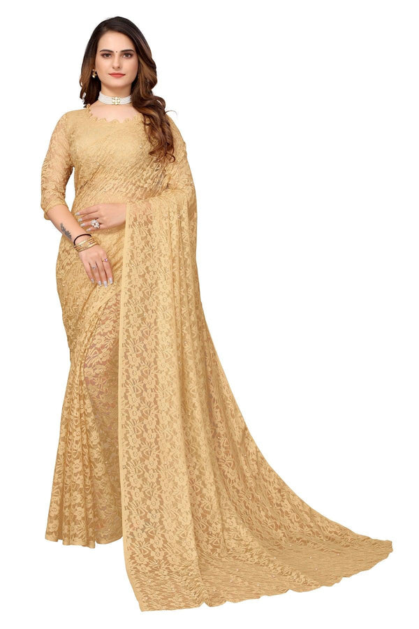 Women's Brown Pearls Net Saree - Vamika - Indiakreations