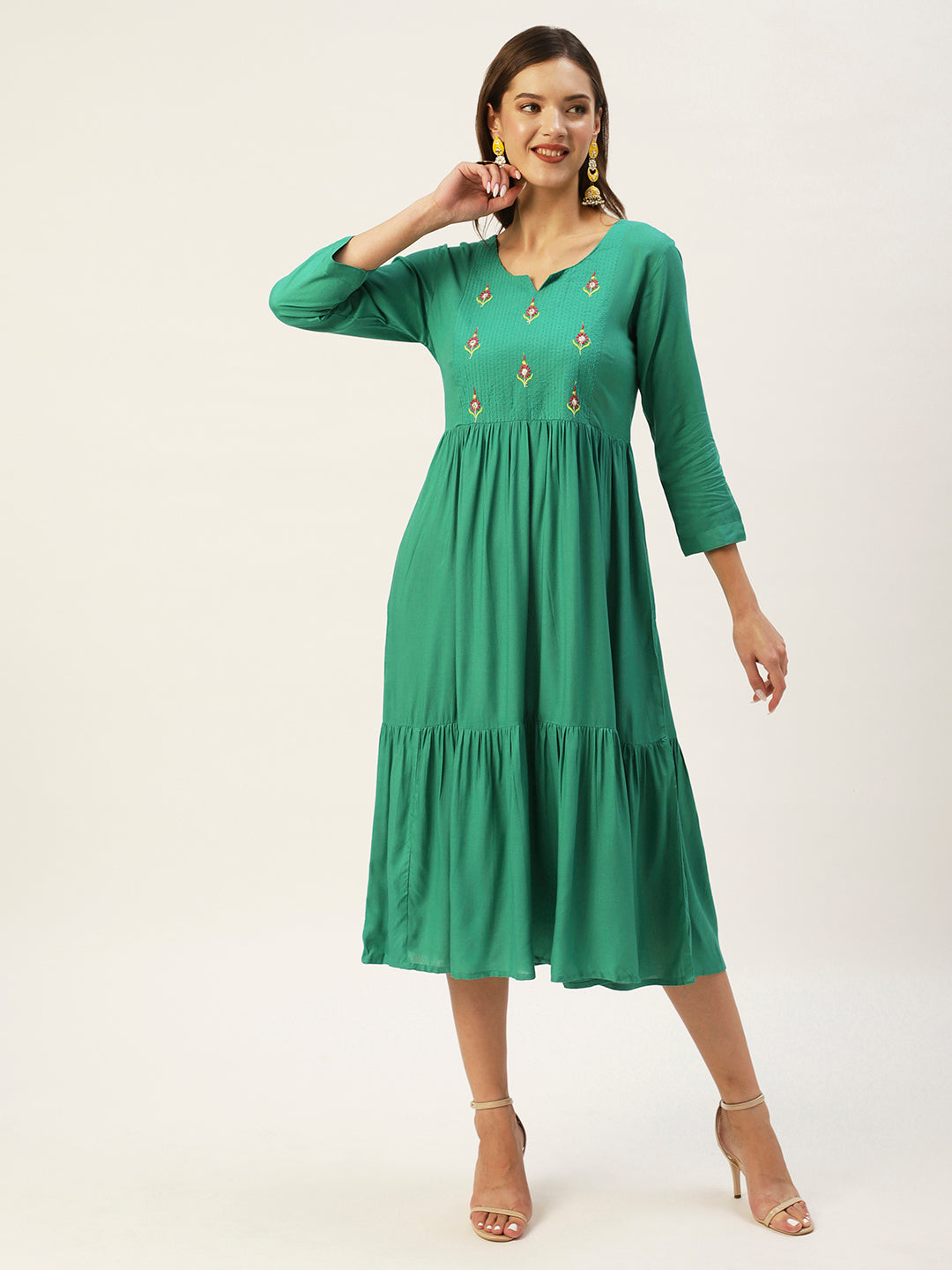 Women's Green Ethnic Motifs Embroidered A-Line Dress - Anubhutee