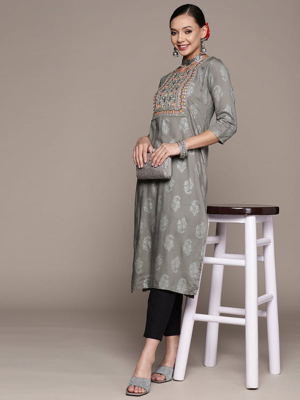 Women Grey Ethnic Motifs Printed Mirror Work Kurta