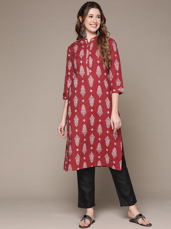 Anubhutee Women's Maroon Cotton Kantha Kurta Set with Trousers