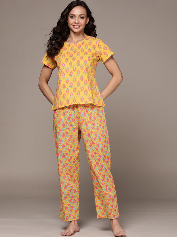 Women's Yellow Floral Printed Pure Cotton Night Suit