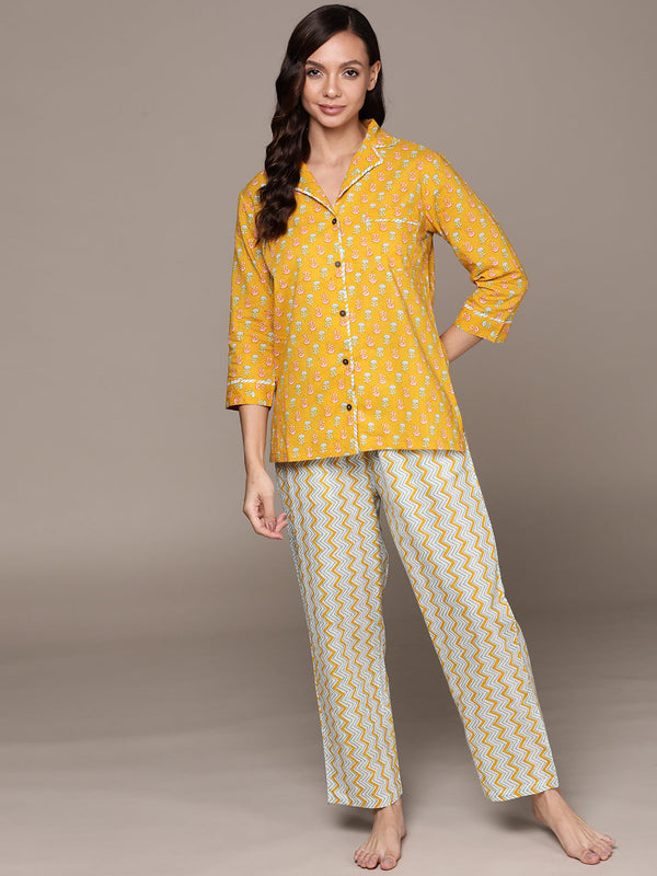 Women's Mustard Floral Printed Pure Cotton Night Suit