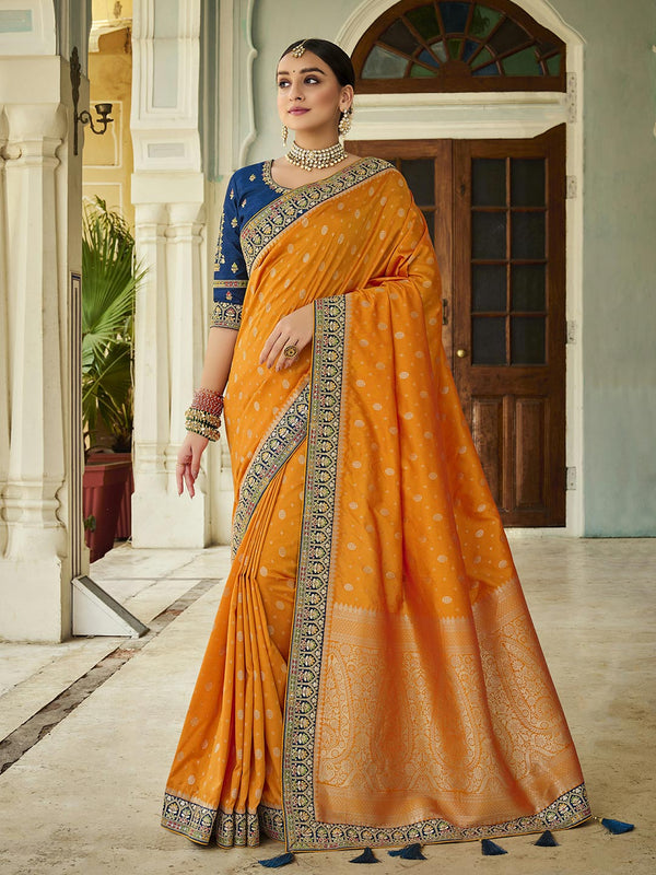 Yellow Banarasi Silk Modish Thread Work Saree Paired With Blue Embroidered Saree