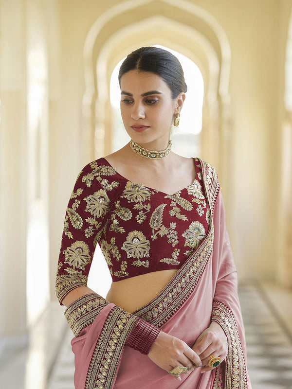 Aesthetic Rose Pink Organza Saree Richly Paired With Maroon Art Silk Blouse