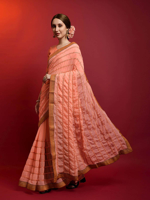 Women's Peach Georgette Saree With Blouse - Odette