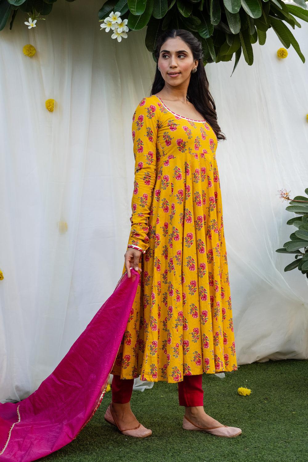 Mehfil Mustard Anarkali Set - Indiakreations