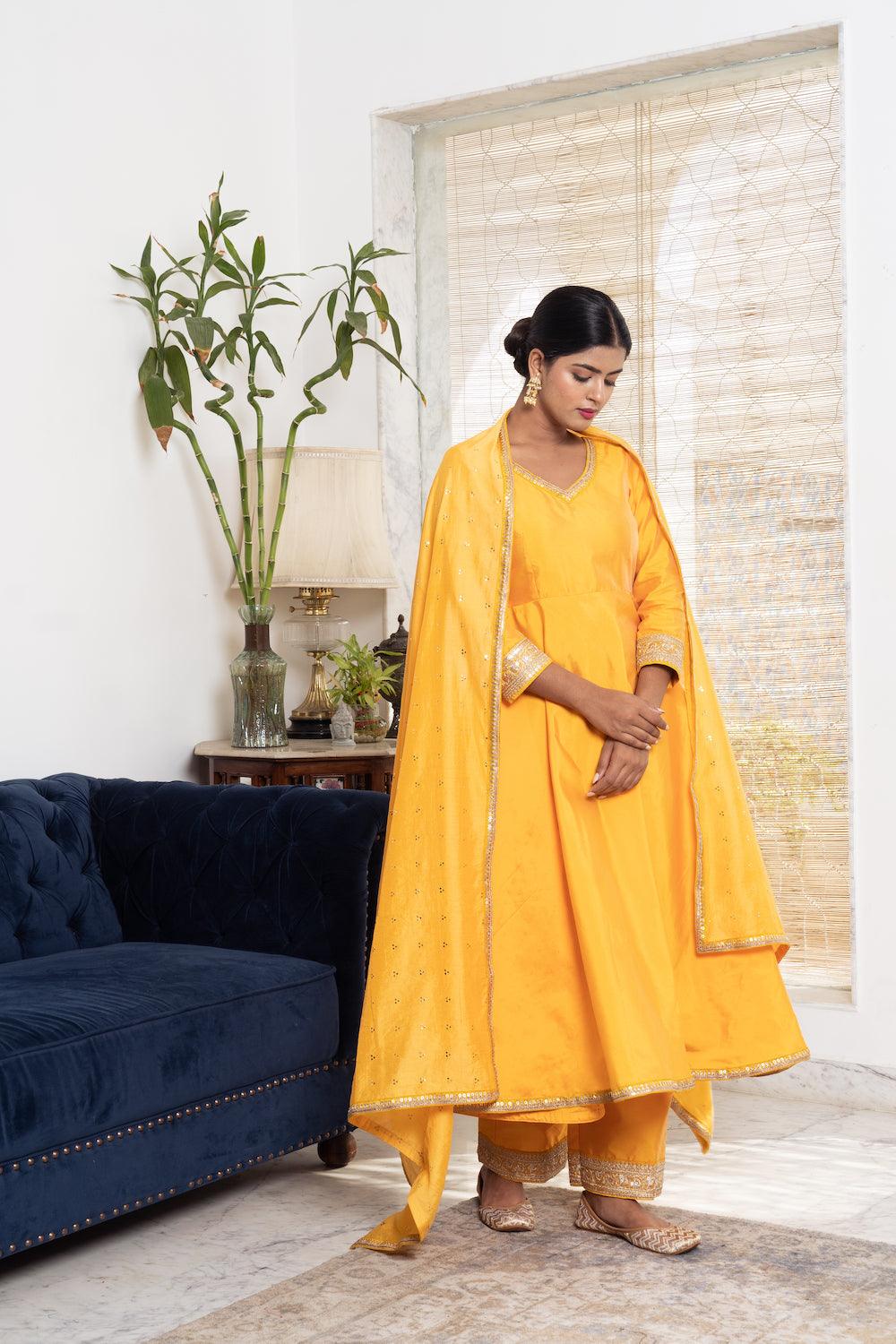 Khwabidah Mustard Anarkali Set of 3 - Indiakreations