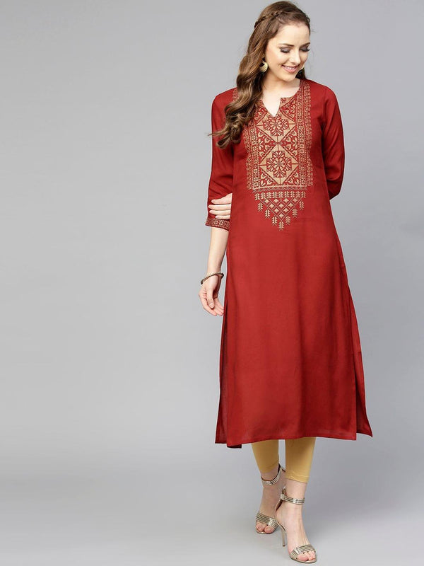 Women Maroon Foil Print Yoke Design Straight Kurta - Indiakreations