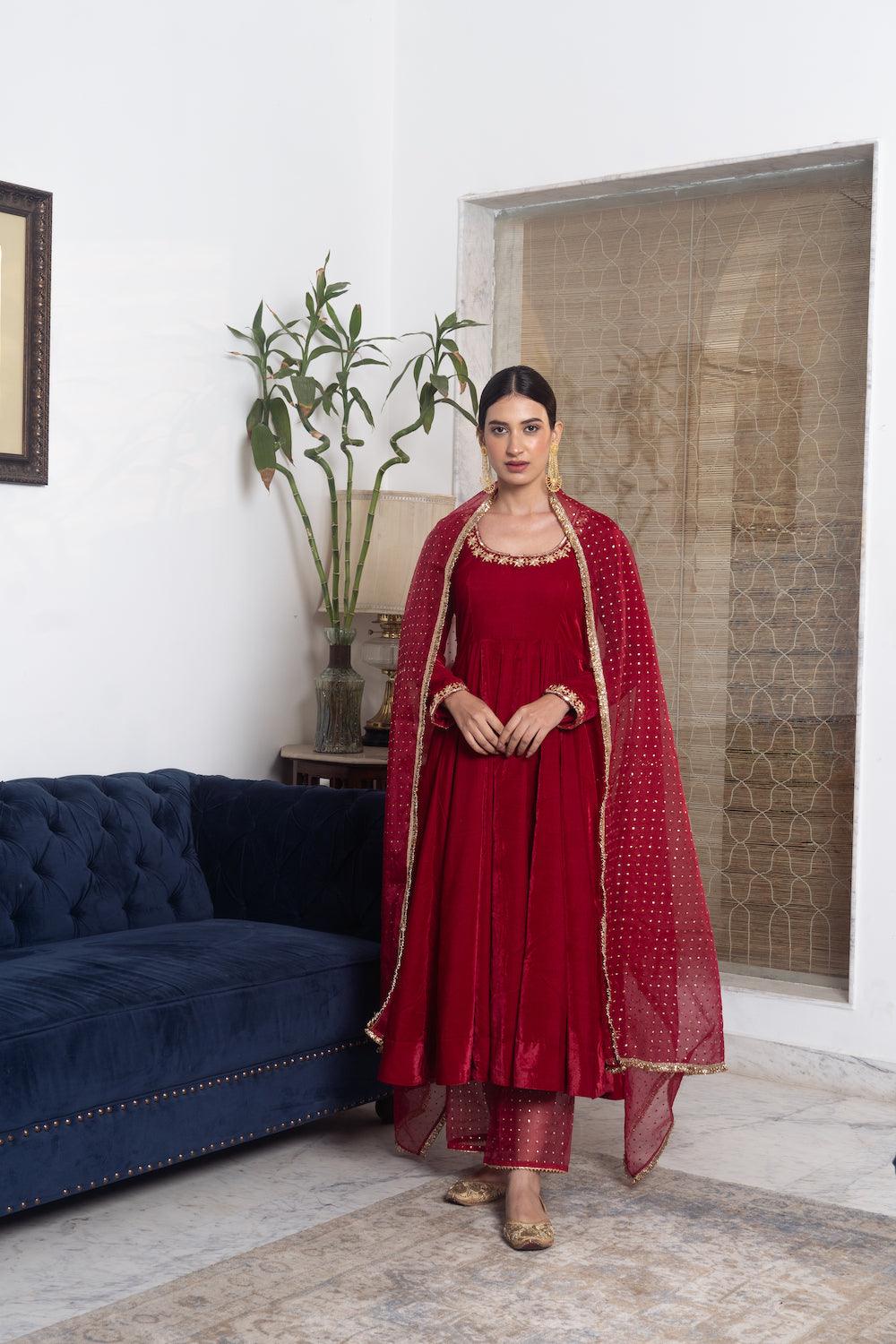 Khwabidah Maroon Anarkali Set of 3 - Indiakreations