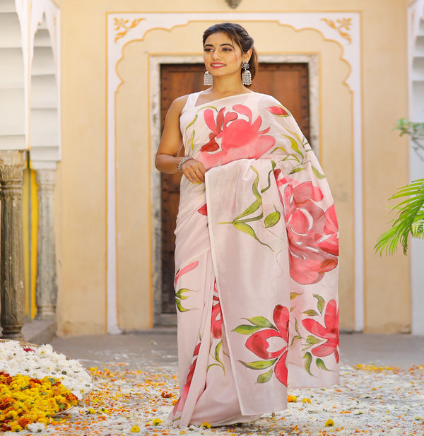 Women's Featuring A Sea Green Saree In Chanderi Base With Hand Painted Pink Flower Motifs - Pheeta