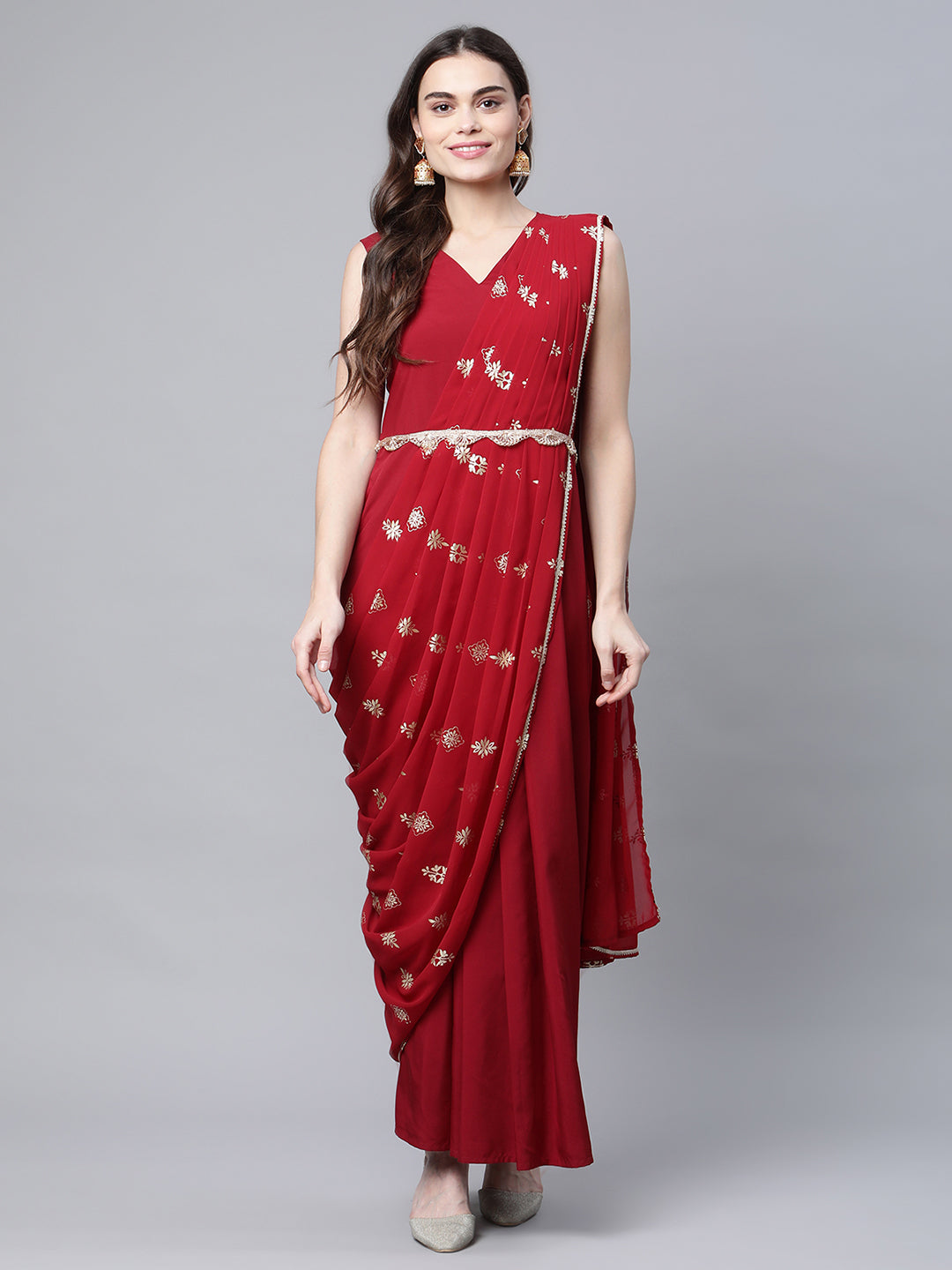Women's Maroon Saree Dress With Pallu By Ahalyaa (1Pc)