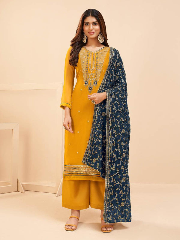 Women's Yellow Georgette Embroidered Palazzo Suit - Myracouture - Indiakreations