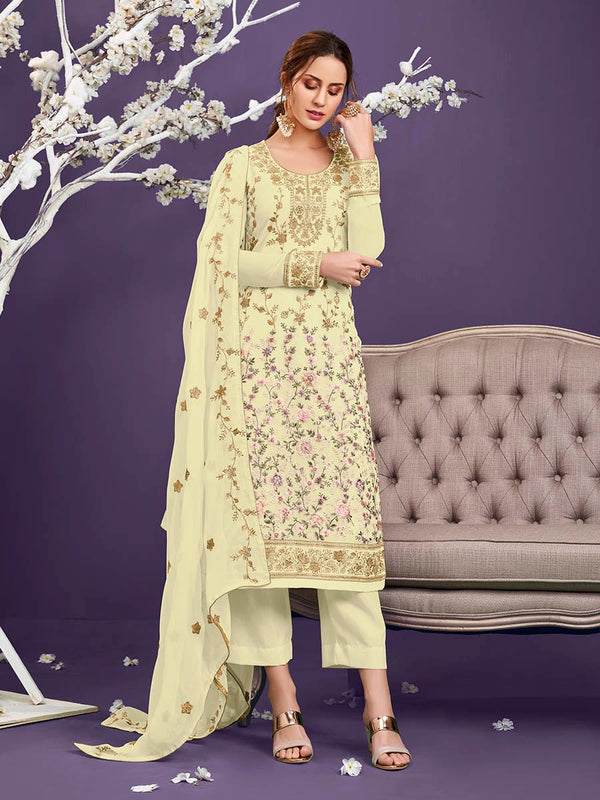 Women's Light Yellow Floral Thread Embroidered Palazo Suit-Myracouture