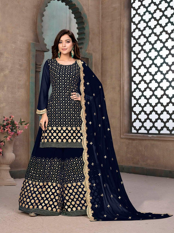 Women's Navy Blue Embroidered Faux Georgette Palaazo Suit-Myracouture - Indiakreations