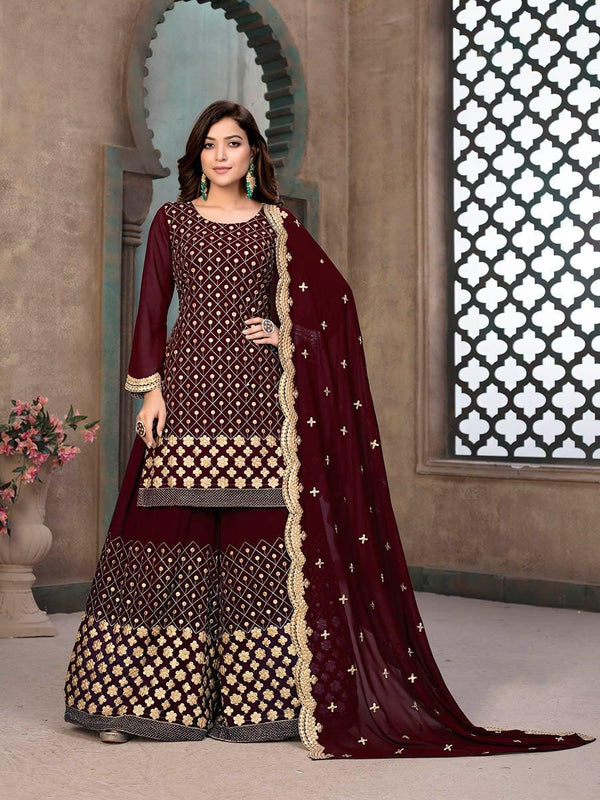 Women's Wine Embroidered Faux Georgette Palaazo Suit-Myracouture - Indiakreations