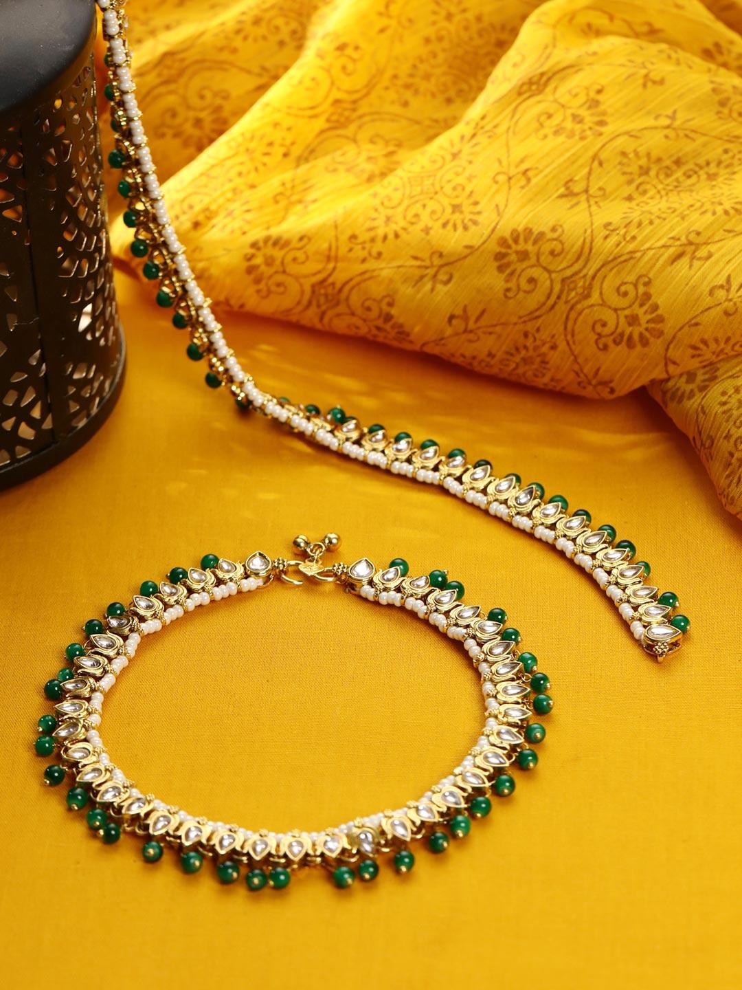 Women's Green Kundan Beads Gold Plated Anklets - Priyaasi - Indiakreations