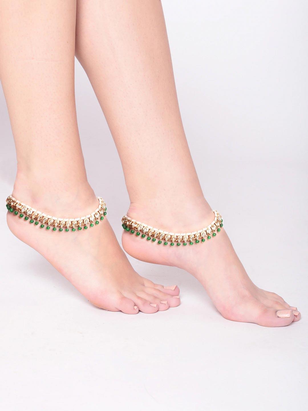 Women's Green Kundan Beads Gold Plated Anklets - Priyaasi - Indiakreations