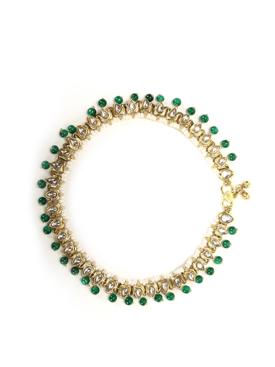 Women's Green Kundan Beads Gold Plated Anklets - Priyaasi - Indiakreations