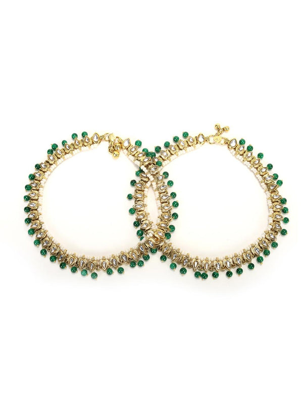 Women's Green Kundan Beads Gold Plated Anklets - Priyaasi - Indiakreations