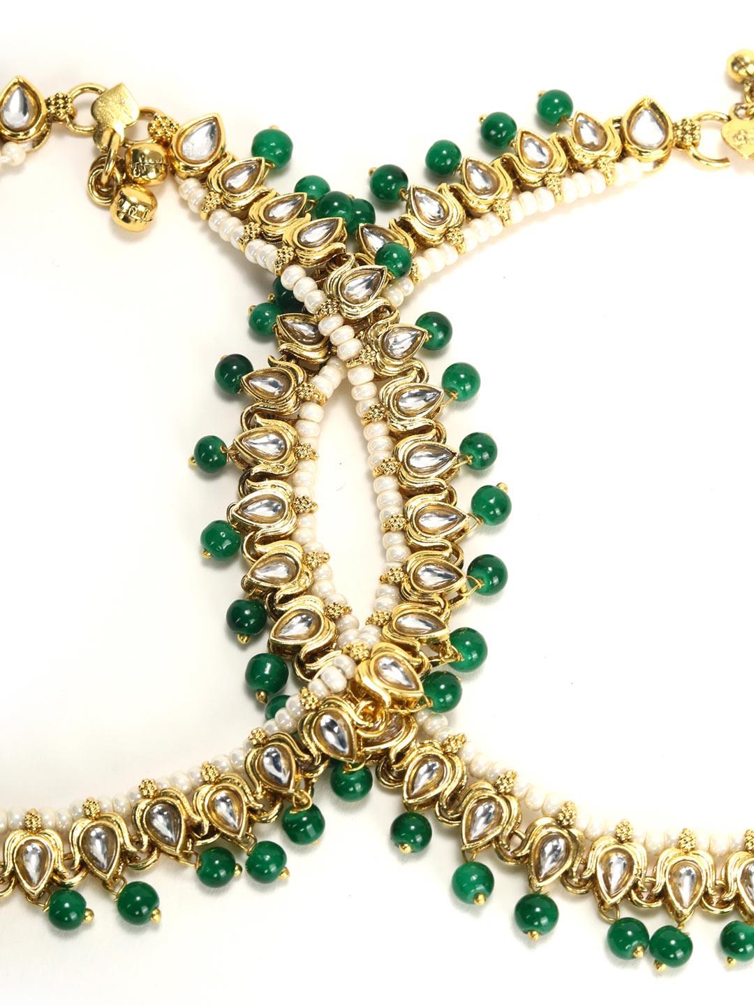 Women's Green Kundan Beads Gold Plated Anklets - Priyaasi - Indiakreations