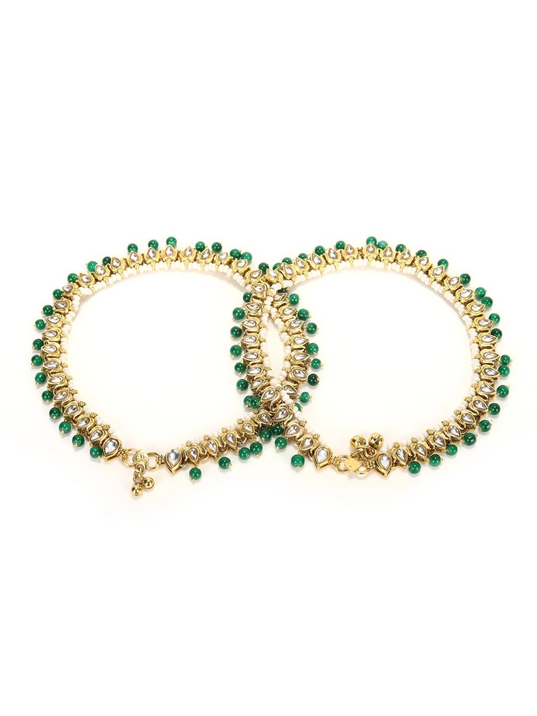 Women's Green Kundan Beads Gold Plated Anklets - Priyaasi - Indiakreations