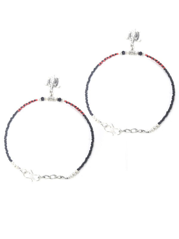 Women's Red Black Stones Studded Silver Plated Oxidised Anklets - Priyaasi