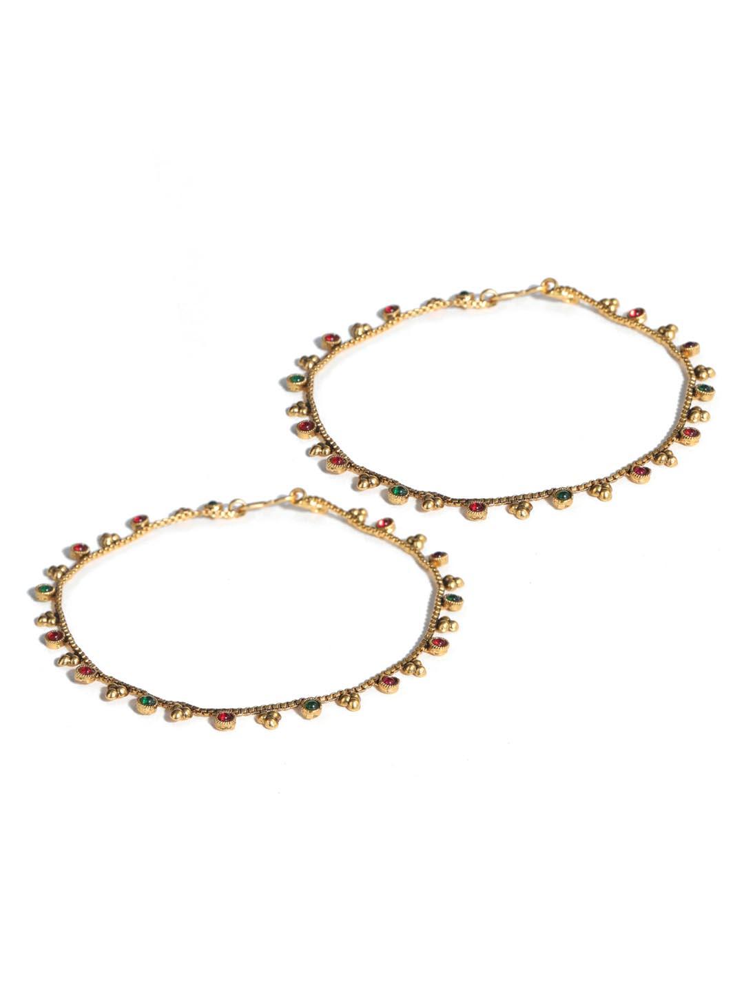 Women's Green Kemp Stones Gold Plated Anklets - Priyaasi - Indiakreations