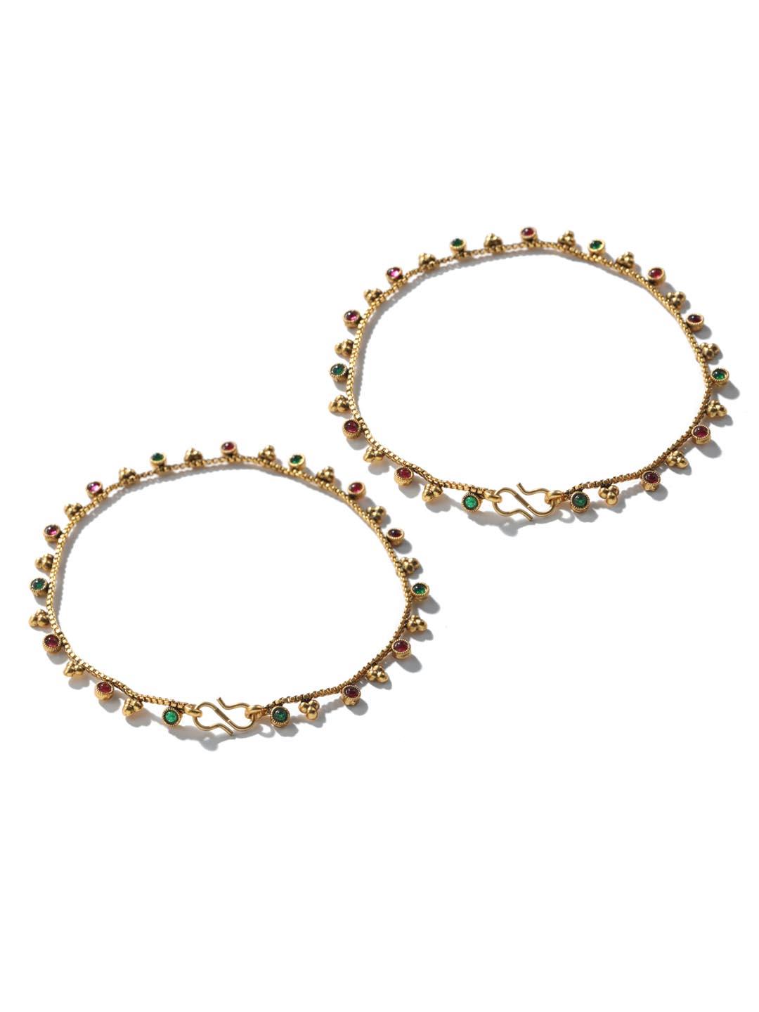 Women's Green Kemp Stones Gold Plated Anklets - Priyaasi - Indiakreations