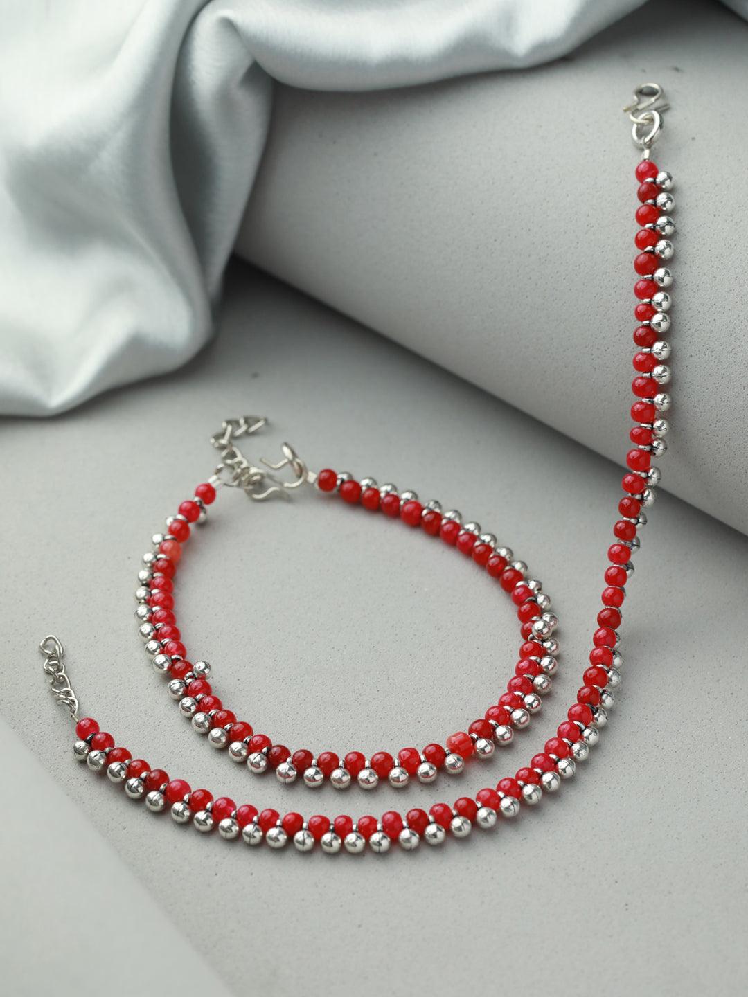 Women's Red Beaded Silver Plated Anklet Set - Priyaasi - Indiakreations