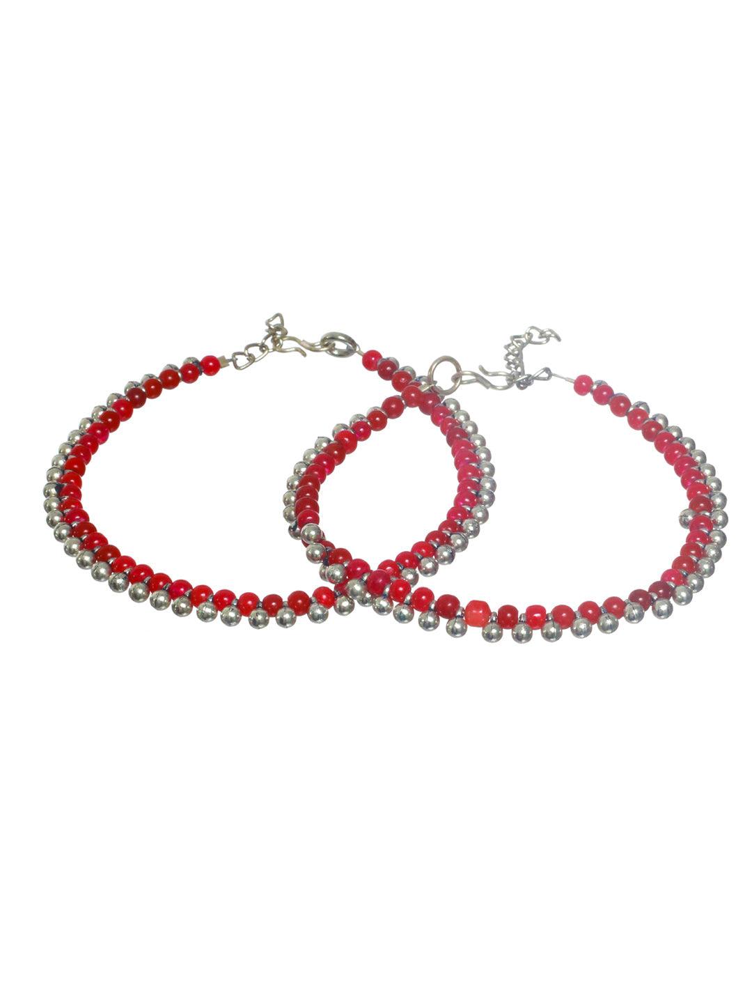 Women's Red Beaded Silver Plated Anklet Set - Priyaasi - Indiakreations