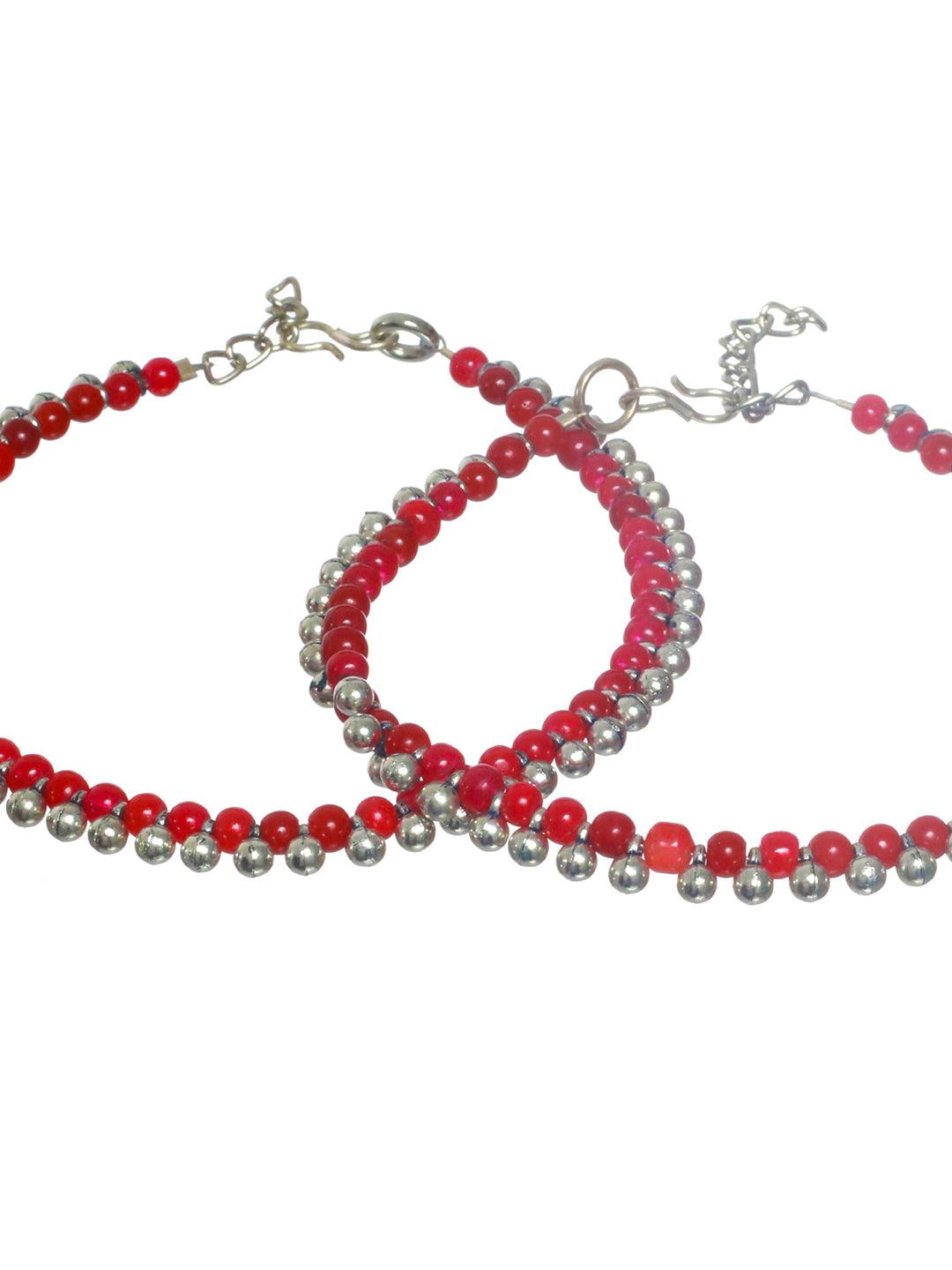 Women's Red Beaded Silver Plated Anklet Set - Priyaasi - Indiakreations