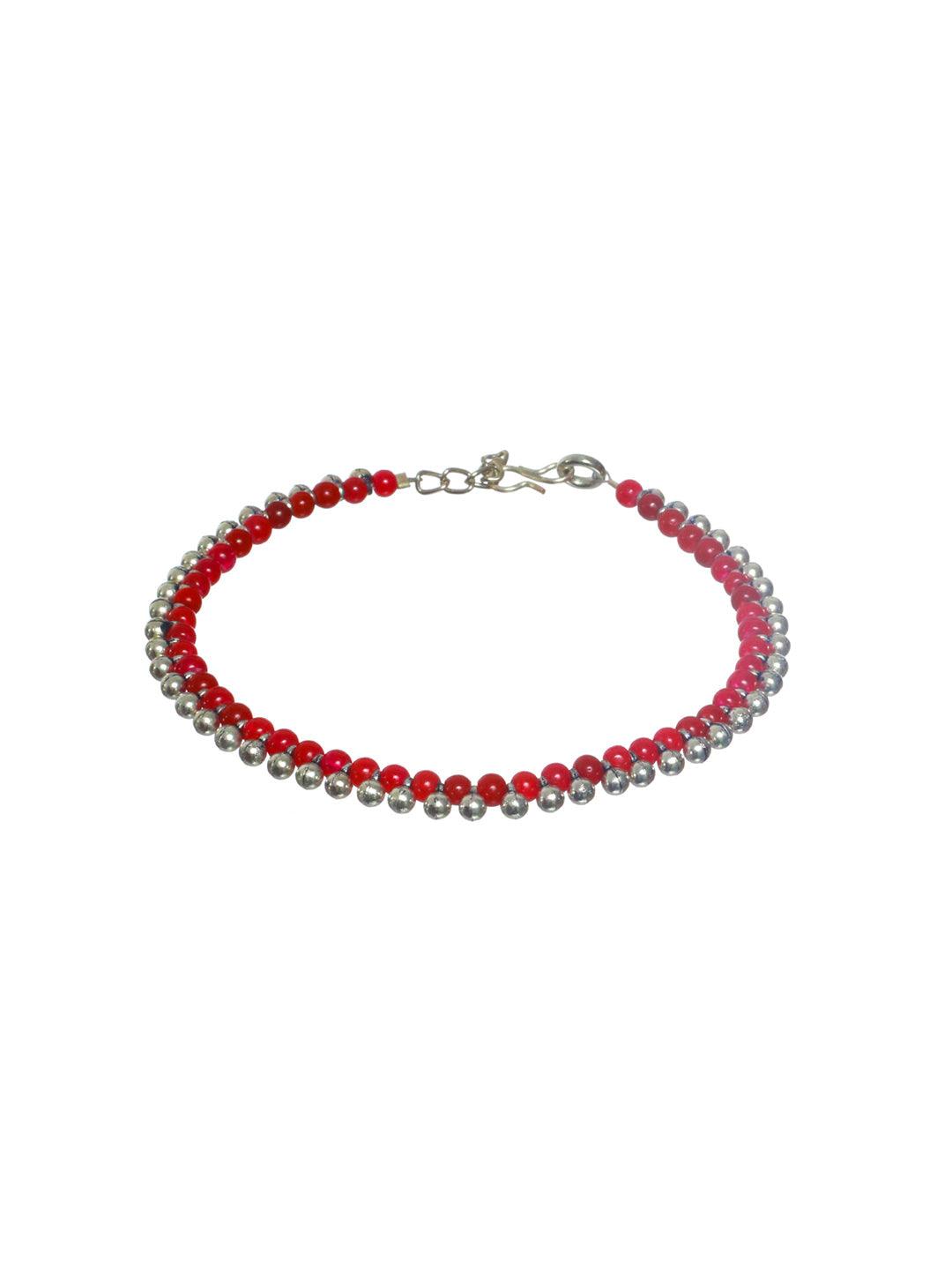 Women's Red Beaded Silver Plated Anklet Set - Priyaasi - Indiakreations