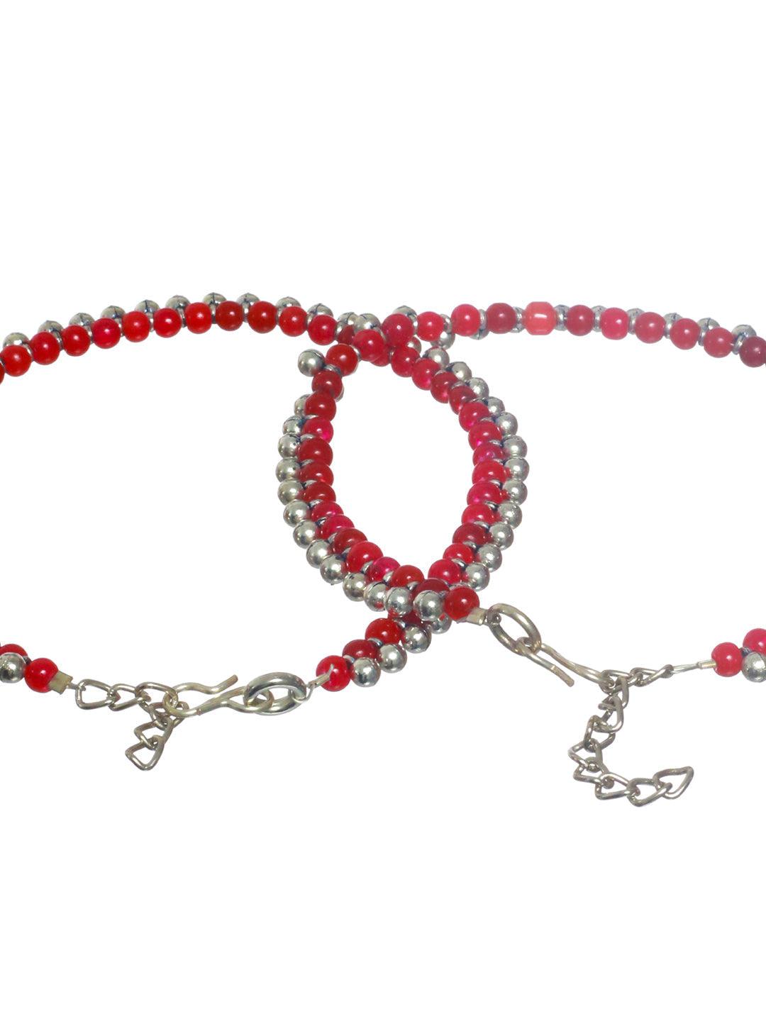 Women's Red Beaded Silver Plated Anklet Set - Priyaasi - Indiakreations