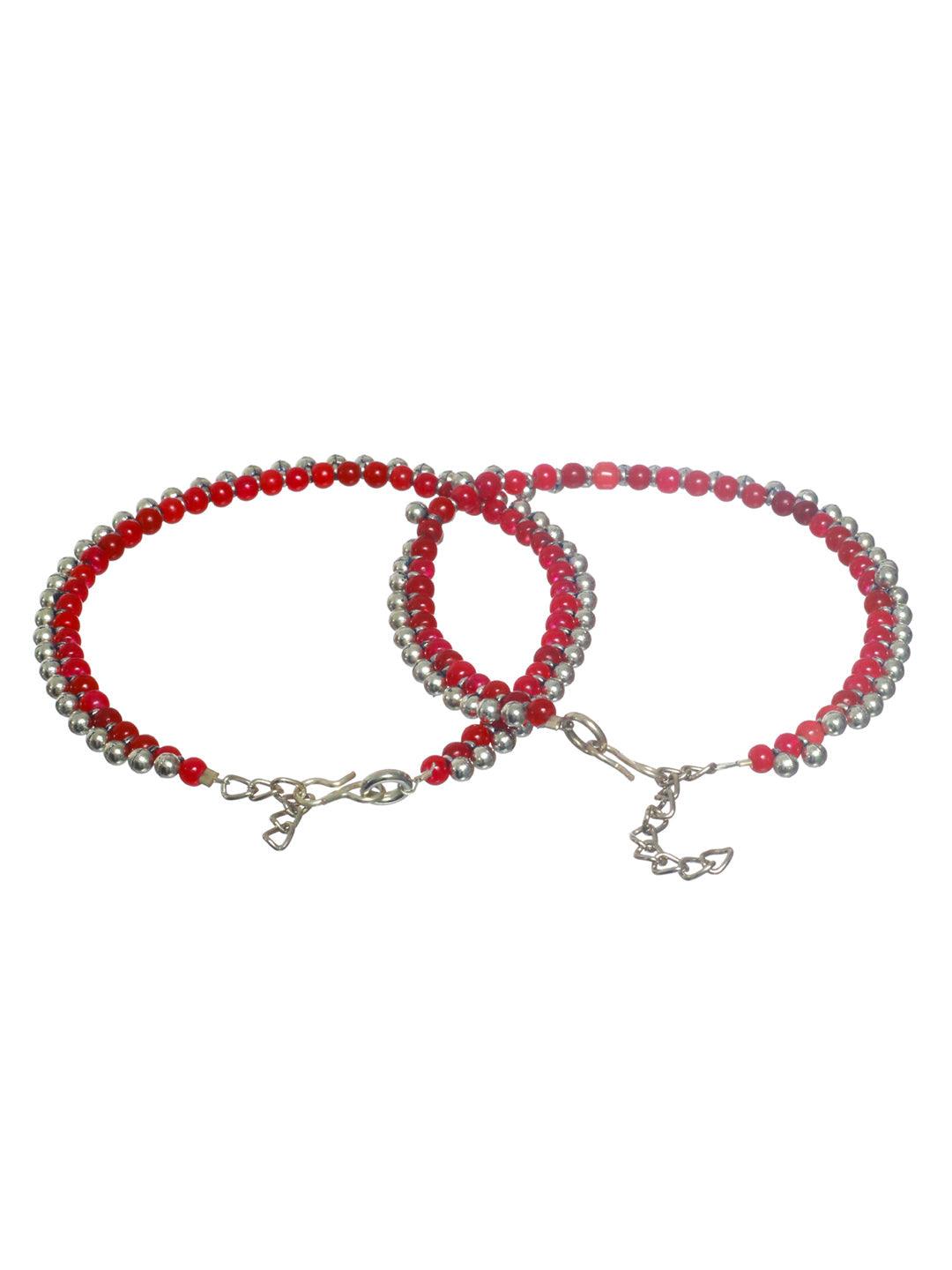 Women's Red Beaded Silver Plated Anklet Set - Priyaasi - Indiakreations