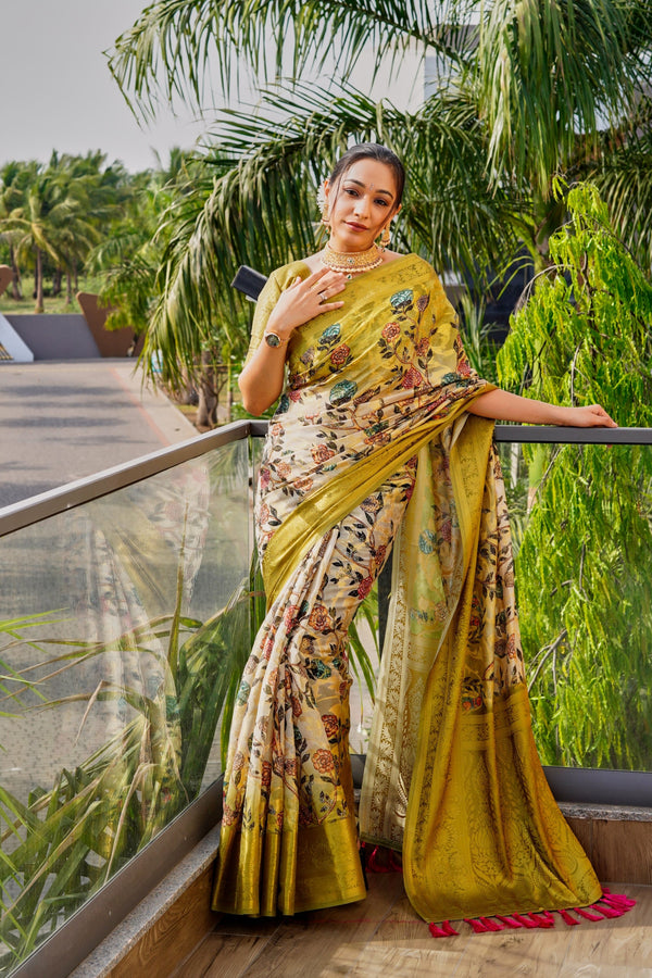 Women's Luxor Gold Kora Muslin Silk Floral Printed Zari Woven Saree - TASARIKA