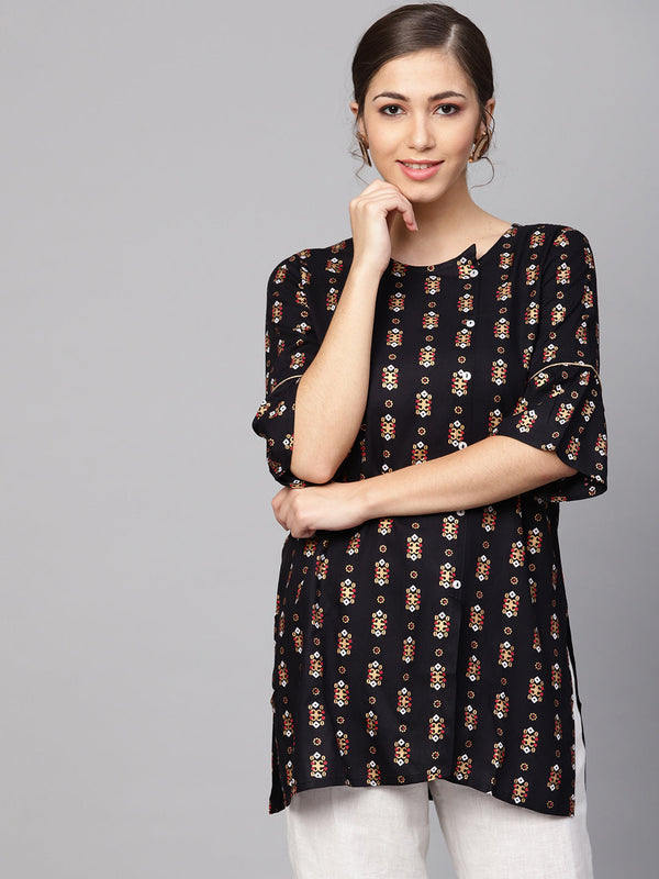 Women Black & Golden Printed Straight Kurti