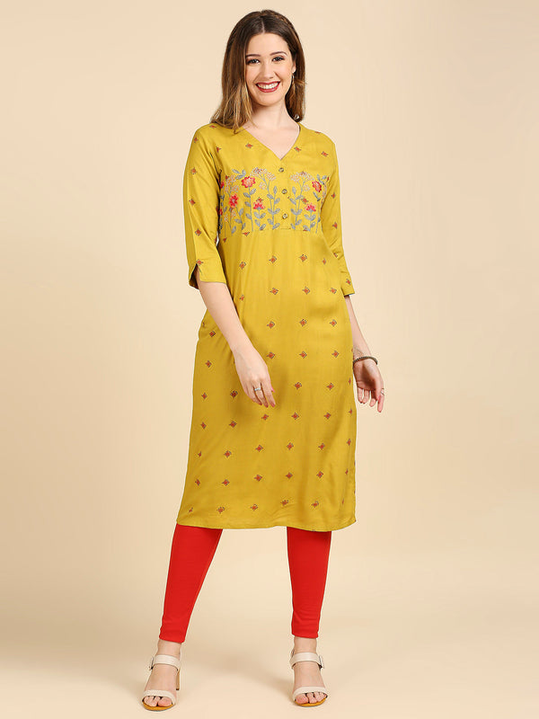 Women Green & Pink Ethnic Motifs Printed Thread Work Kurta