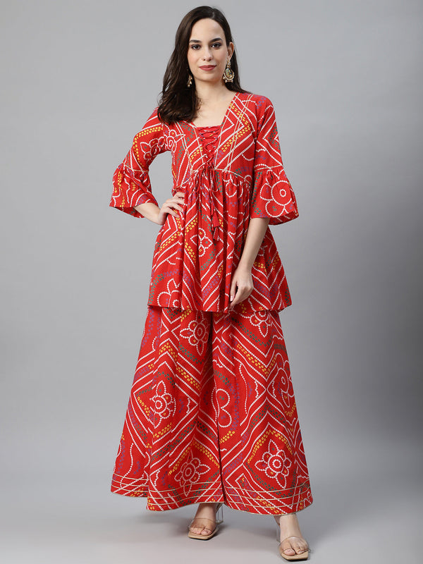 Women Red & Off-White Pure Cotton Bandhani Print Tunic with Palazzos