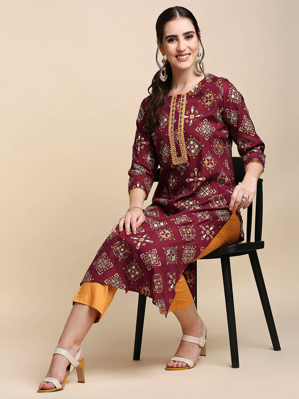 Women Maroon Mustard Yellow Ethnic Motifs Printed Kurta with Trousers