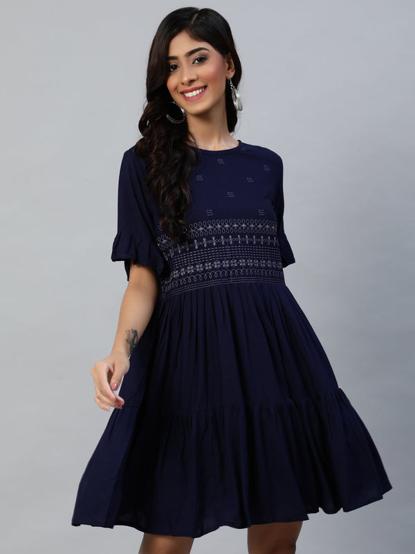 Women's Navy Blue Embroidered Dress