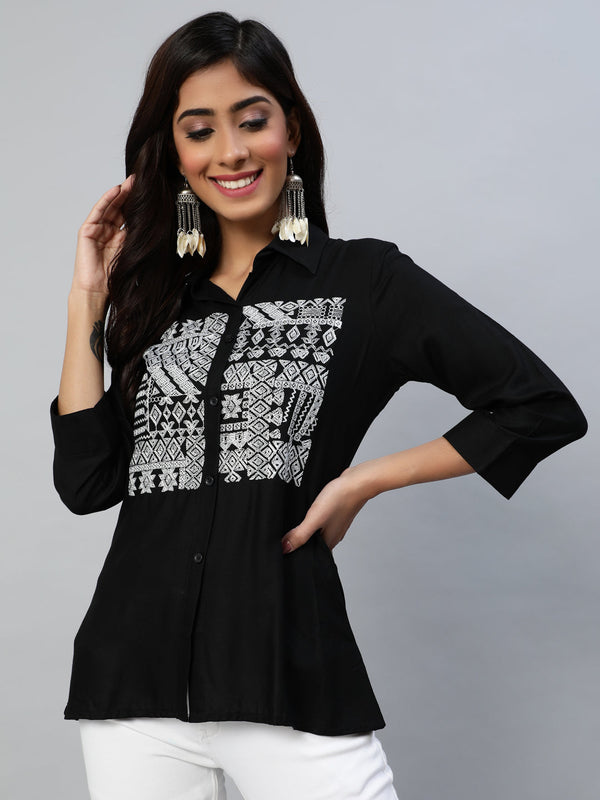 Women's Black White Geometric Yoke Embroidered Shirt Collar Kurti