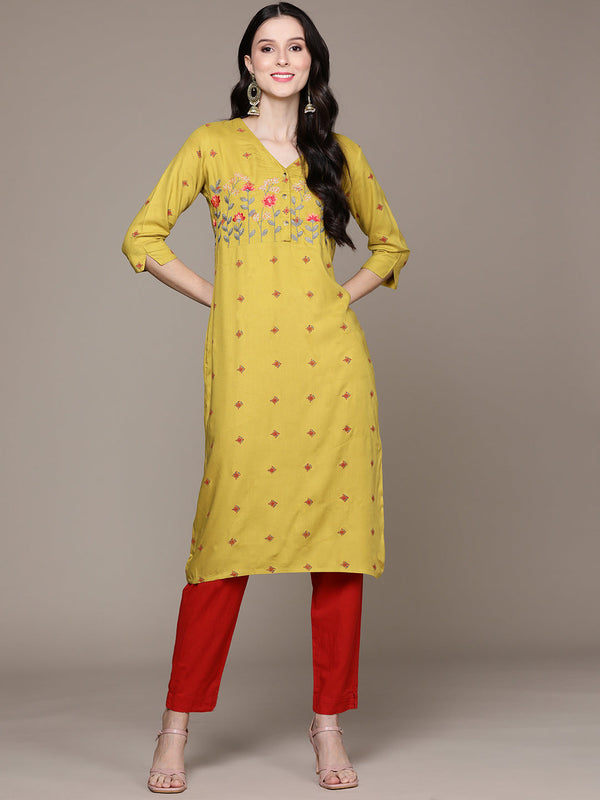 Women Green Floral Embroidered Floral Kurta