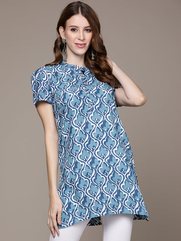 Blue White Ethnic Printed Kurti